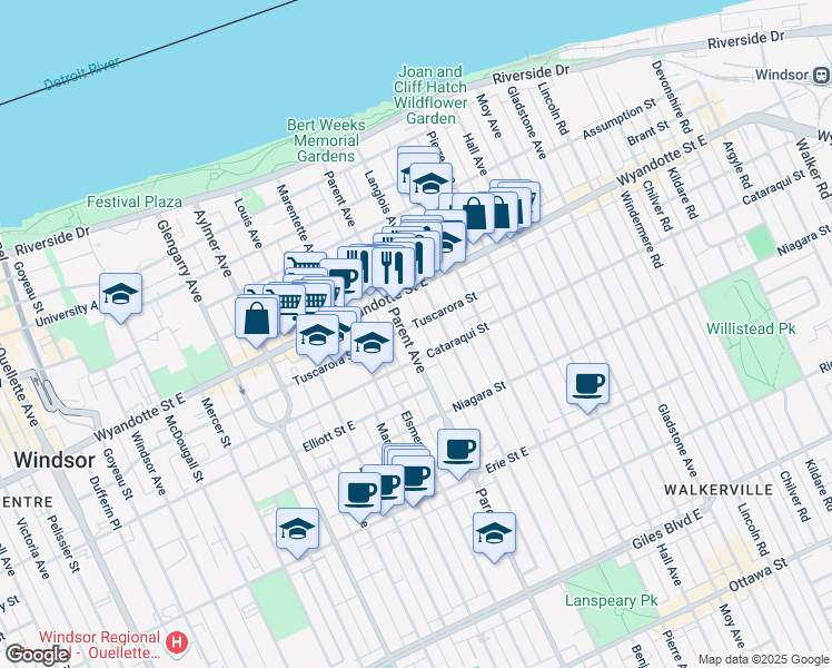 map of restaurants, bars, coffee shops, grocery stores, and more near in Windsor