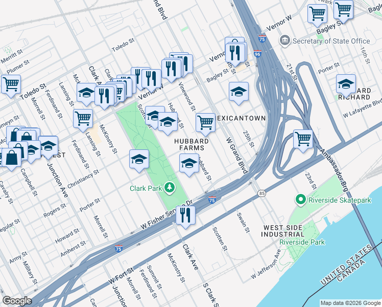 map of restaurants, bars, coffee shops, grocery stores, and more near in Detroit