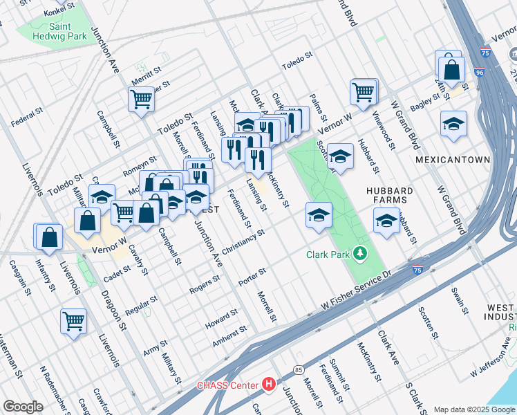 map of restaurants, bars, coffee shops, grocery stores, and more near 1578 Lansing Street in Detroit