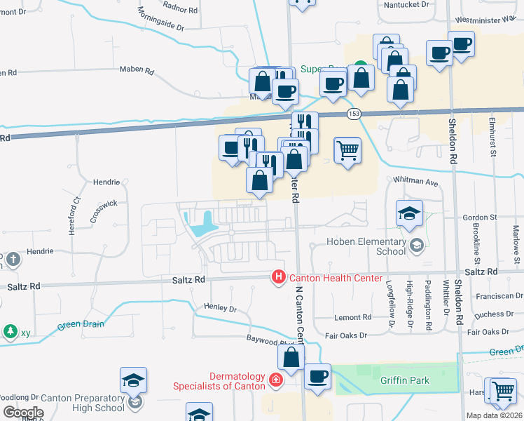map of restaurants, bars, coffee shops, grocery stores, and more near 46095 Graystone Lane in Canton