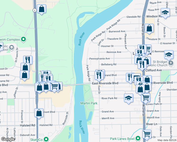 map of restaurants, bars, coffee shops, grocery stores, and more near 6028 Park Ridge Road in Loves Park