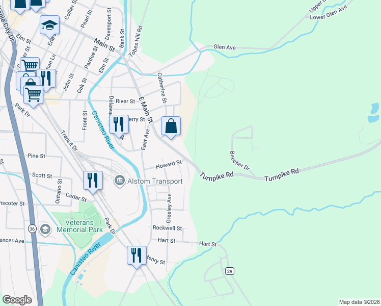 map of restaurants, bars, coffee shops, grocery stores, and more near 144 E Main St in Hornell