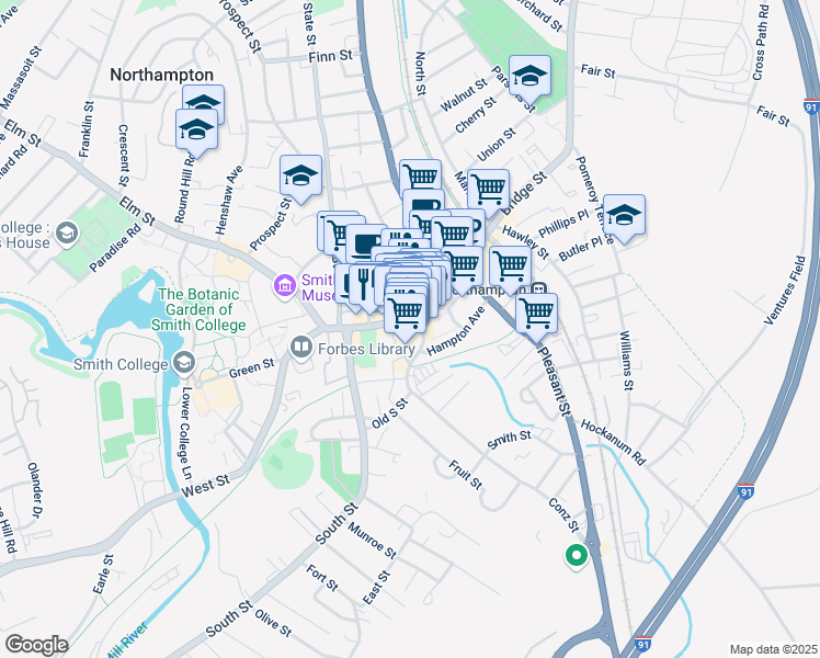map of restaurants, bars, coffee shops, grocery stores, and more near 184 Main Street in Northampton