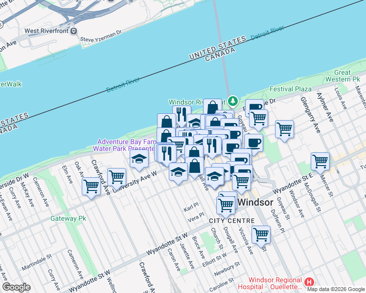map of restaurants, bars, coffee shops, grocery stores, and more near 300 Chatham Street West in Windsor