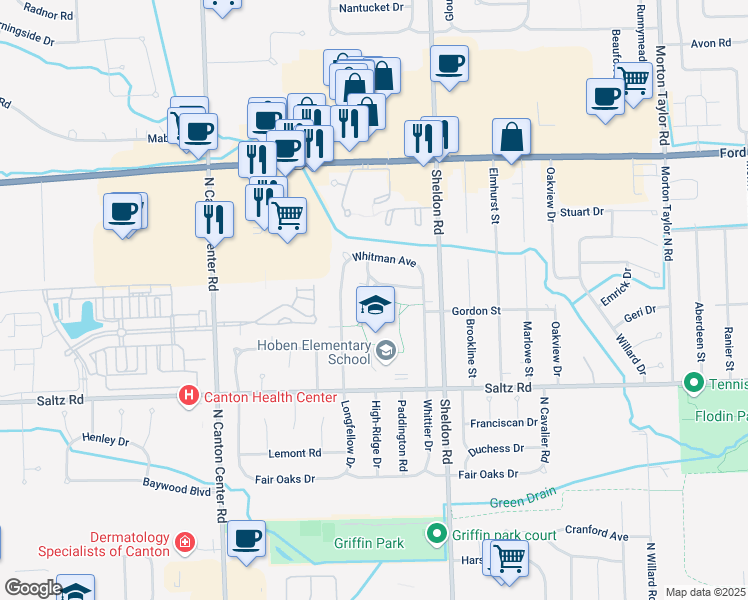 map of restaurants, bars, coffee shops, grocery stores, and more near 44655 Lowell Avenue in Canton
