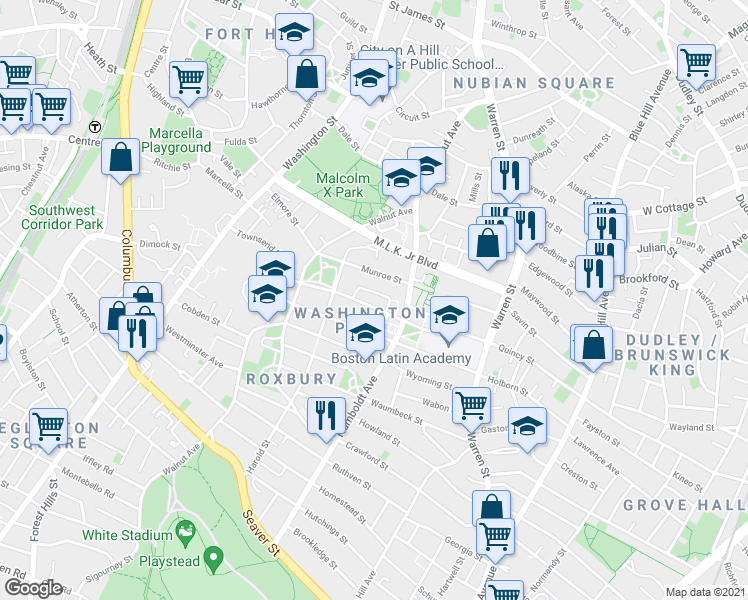 map of restaurants, bars, coffee shops, grocery stores, and more near 5-87 Crestwood Park in Boston