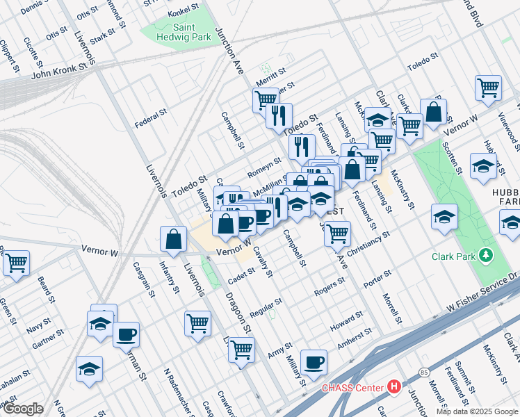 map of restaurants, bars, coffee shops, grocery stores, and more near 2003 Campbell Street in Detroit