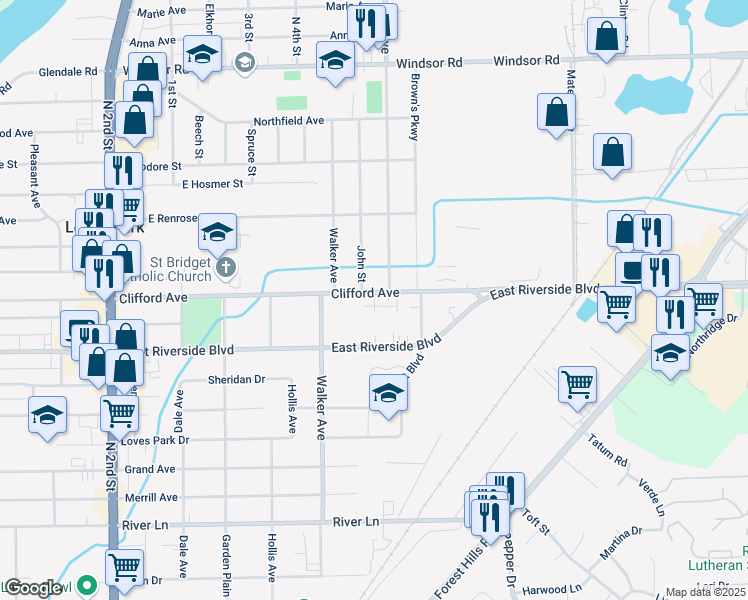 map of restaurants, bars, coffee shops, grocery stores, and more near 6101 Elm Avenue in Loves Park