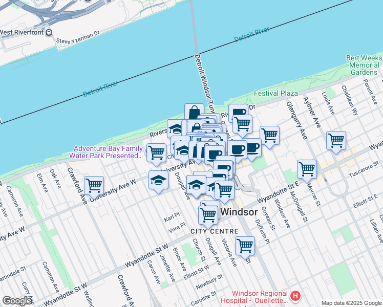 map of restaurants, bars, coffee shops, grocery stores, and more near 149 Chatham Street West in Windsor