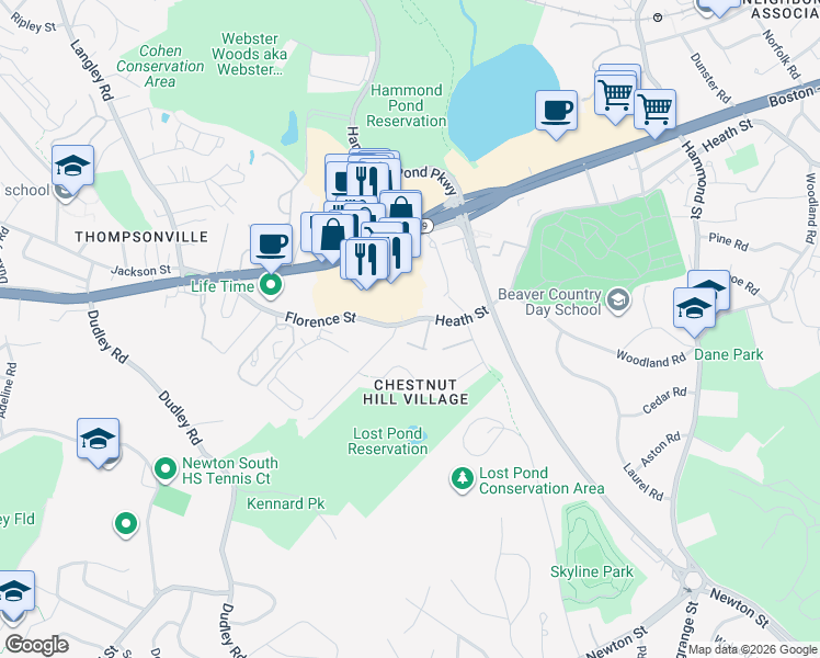 map of restaurants, bars, coffee shops, grocery stores, and more near 177 Florence Street in Newton