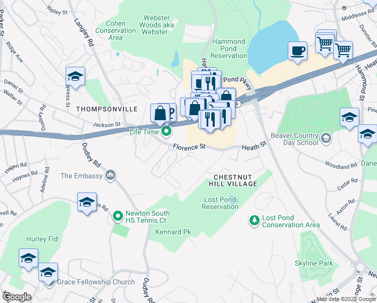 map of restaurants, bars, coffee shops, grocery stores, and more near 99-97 Florence Street in Newton