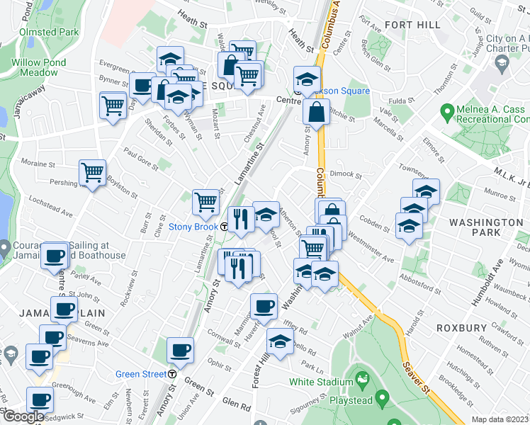 map of restaurants, bars, coffee shops, grocery stores, and more near Amory St & School St in Boston