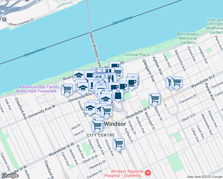 map of restaurants, bars, coffee shops, grocery stores, and more near 73 University Avenue East in Windsor