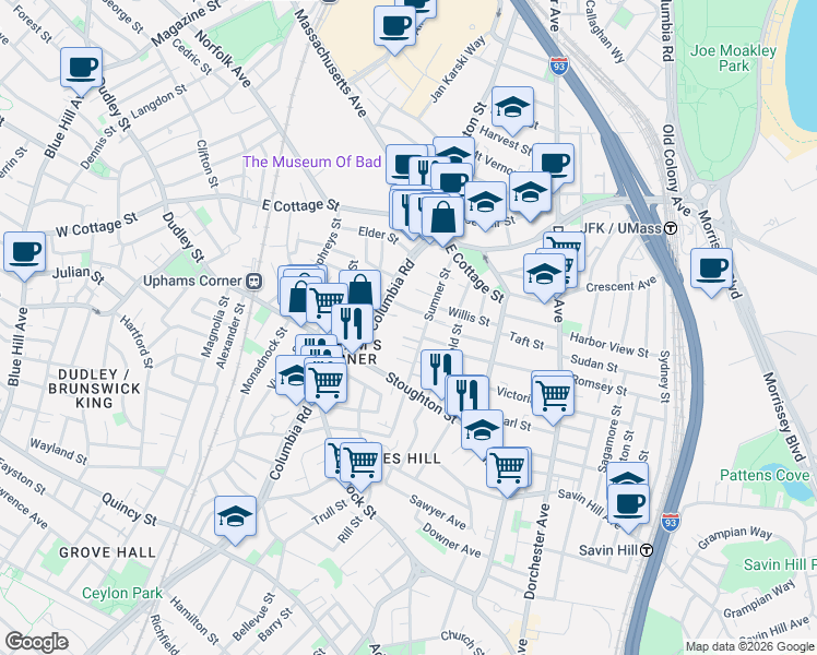 map of restaurants, bars, coffee shops, grocery stores, and more near 21 Annabel Street in Boston