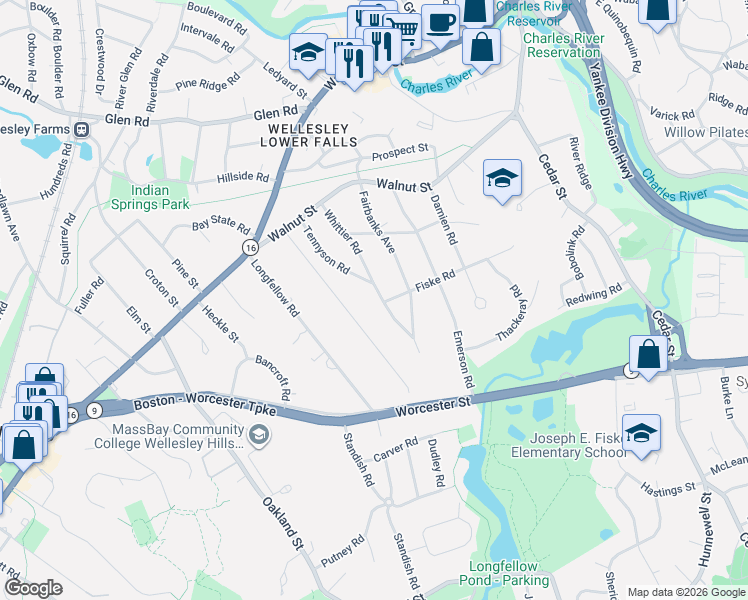 map of restaurants, bars, coffee shops, grocery stores, and more near 4 Fiske Road in Wellesley