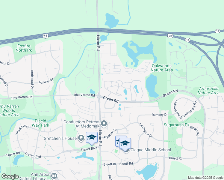 map of restaurants, bars, coffee shops, grocery stores, and more near 2800 Windwood Drive in Ann Arbor