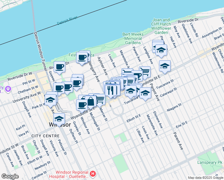 map of restaurants, bars, coffee shops, grocery stores, and more near 495 Aylmer Avenue in Windsor