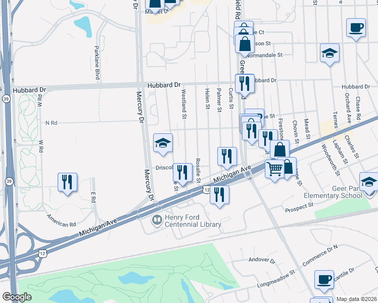 map of restaurants, bars, coffee shops, grocery stores, and more near 4581 Westland Street in Dearborn