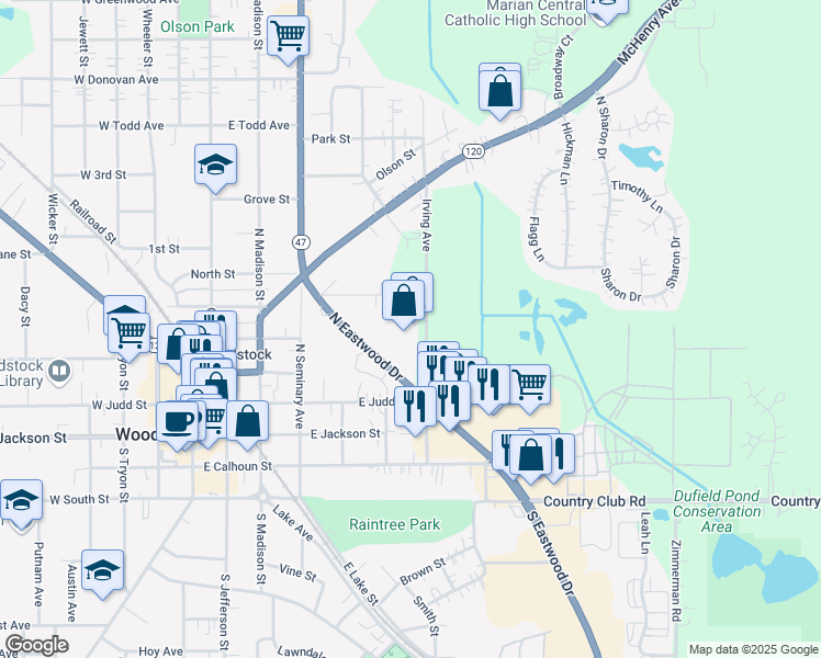 map of restaurants, bars, coffee shops, grocery stores, and more near 331 Irving Avenue in Woodstock