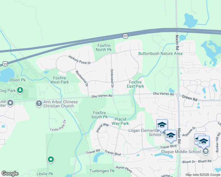 map of restaurants, bars, coffee shops, grocery stores, and more near 2390 Foxway Drive in Ann Arbor