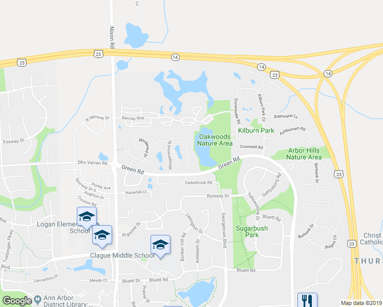 map of restaurants, bars, coffee shops, grocery stores, and more near 3075 Whisperwood Drive in Ann Arbor