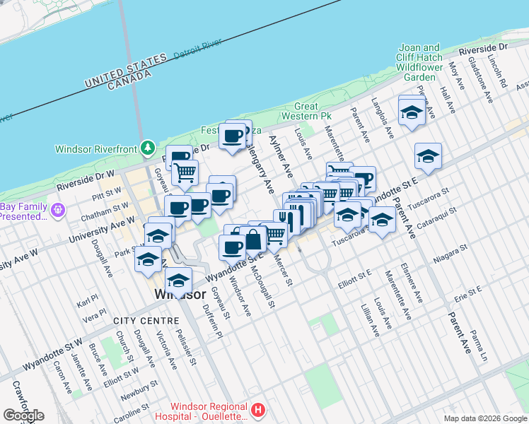 map of restaurants, bars, coffee shops, grocery stores, and more near 445 Glengarry Avenue in Windsor