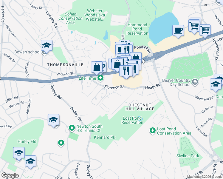 map of restaurants, bars, coffee shops, grocery stores, and more near 99-87 Florence Street in Newton