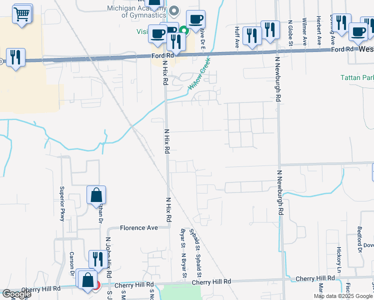 map of restaurants, bars, coffee shops, grocery stores, and more near 1264 North Hix Road in Westland
