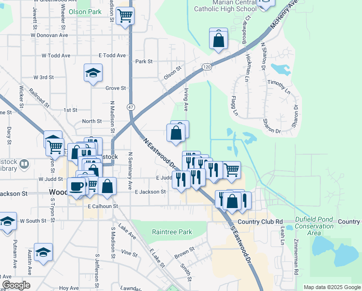 map of restaurants, bars, coffee shops, grocery stores, and more near 331 Irving Avenue in Woodstock