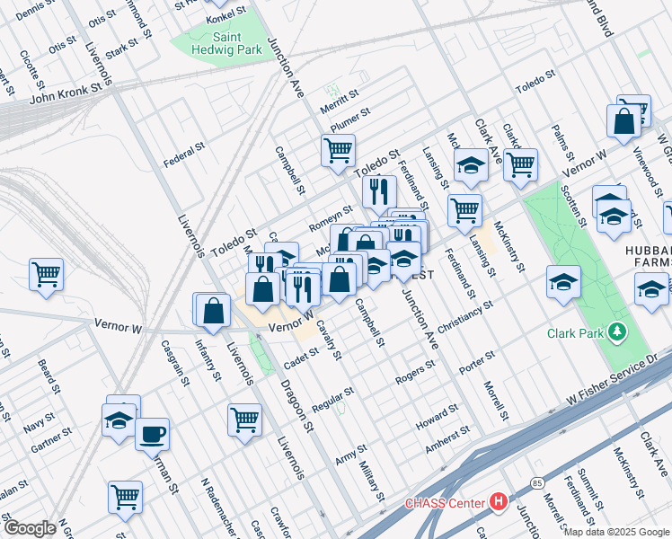map of restaurants, bars, coffee shops, grocery stores, and more near 2003 Campbell Street in Detroit