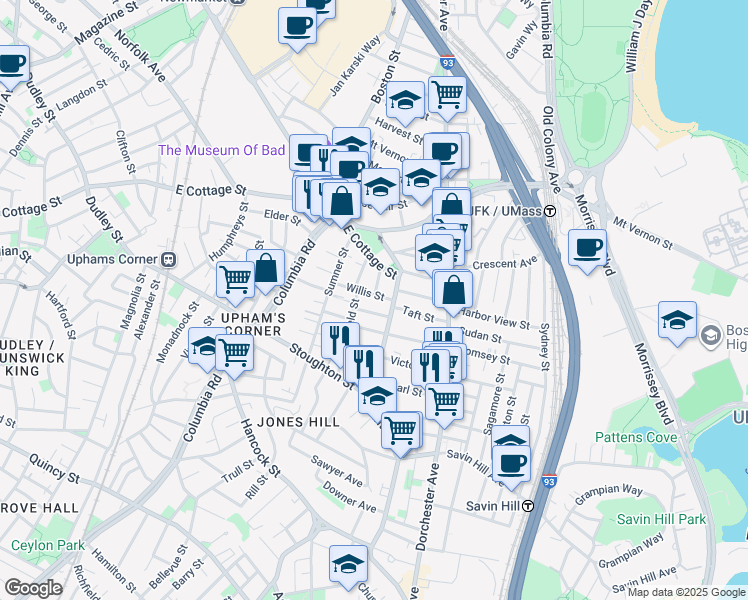 map of restaurants, bars, coffee shops, grocery stores, and more near 9 Willis Street in Boston