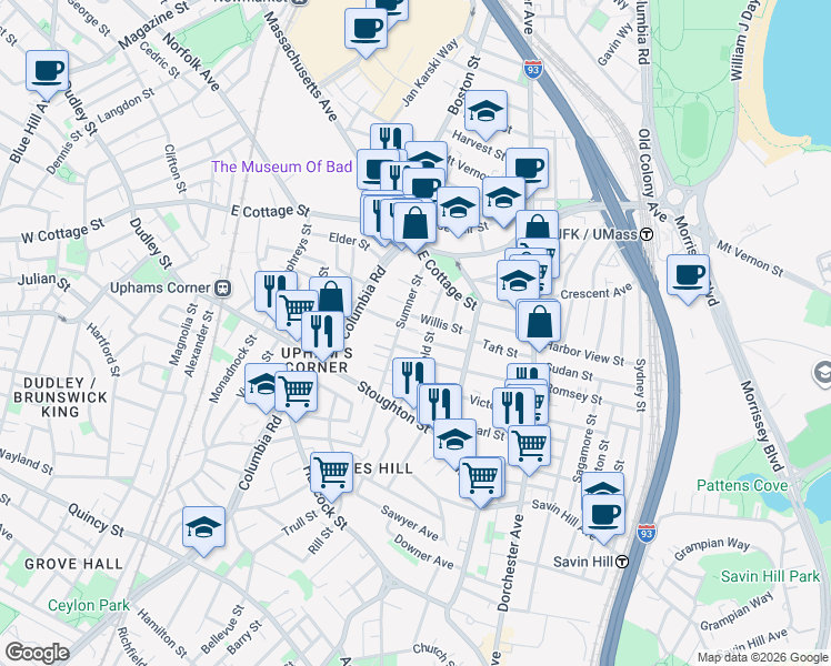 map of restaurants, bars, coffee shops, grocery stores, and more near 3 Bakersfield Street in Boston