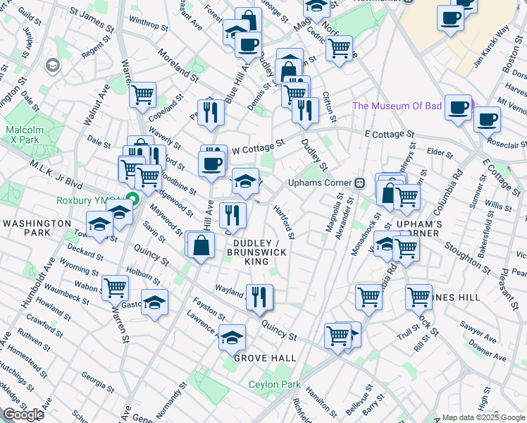 map of restaurants, bars, coffee shops, grocery stores, and more near 79 Howard Avenue in Boston
