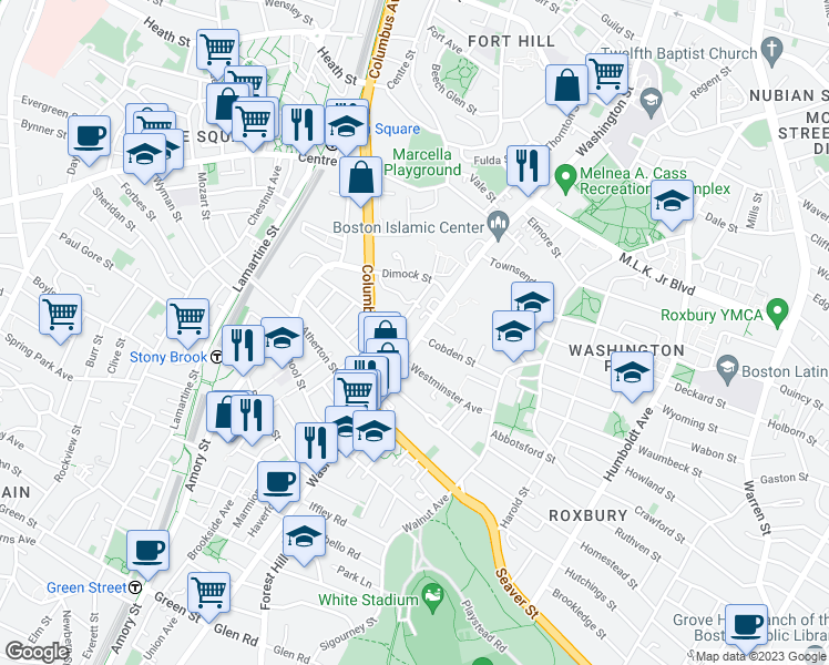 map of restaurants, bars, coffee shops, grocery stores, and more near 2984 Washington Street in Boston