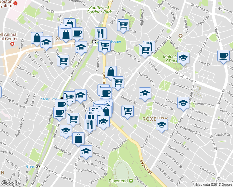 map of restaurants, bars, coffee shops, grocery stores, and more near 2984 Washington Street in Boston