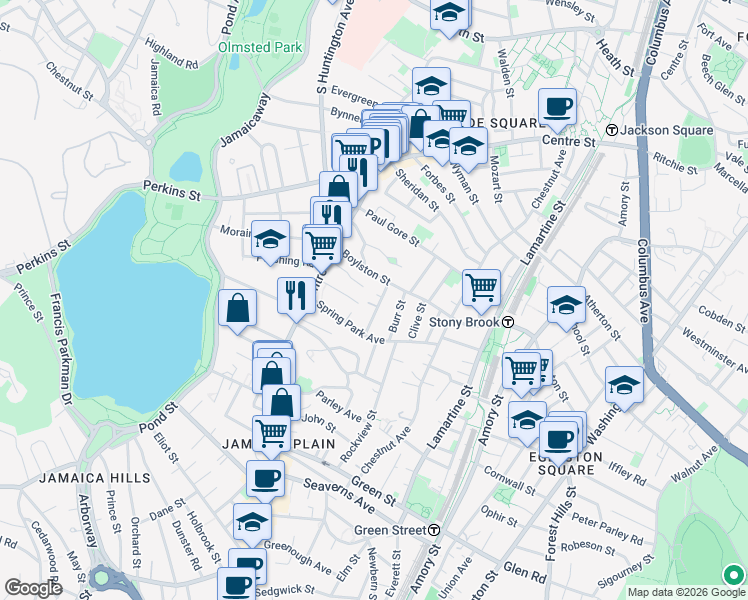 map of restaurants, bars, coffee shops, grocery stores, and more near 51 Roseway Street in Boston