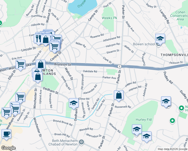 map of restaurants, bars, coffee shops, grocery stores, and more near 92 Oakdale Road in Newton