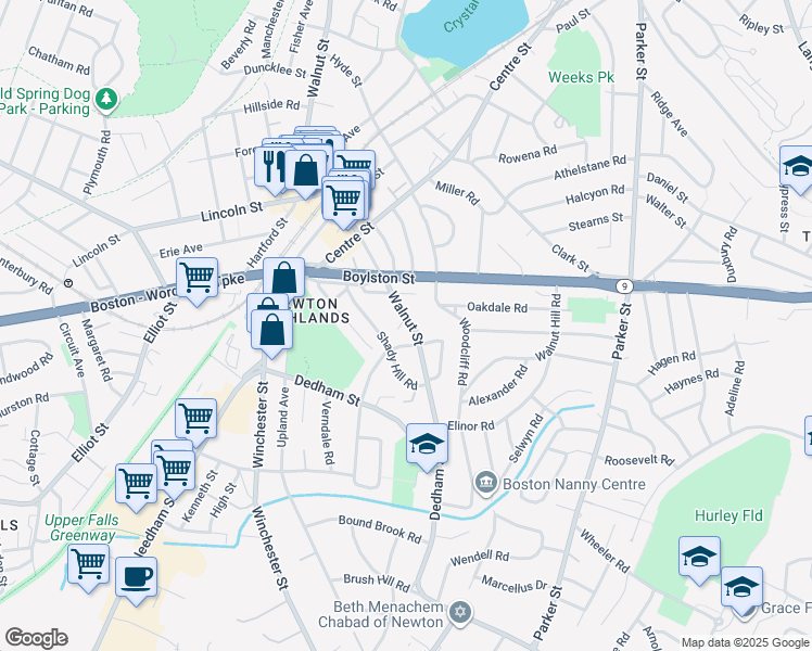 map of restaurants, bars, coffee shops, grocery stores, and more near 1289 Walnut Street in Newton