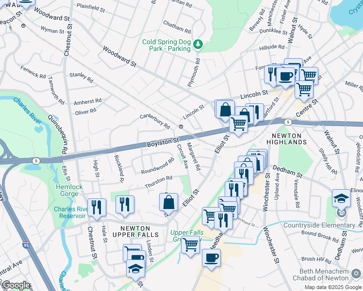 map of restaurants, bars, coffee shops, grocery stores, and more near 9 Circuit Avenue in Newton