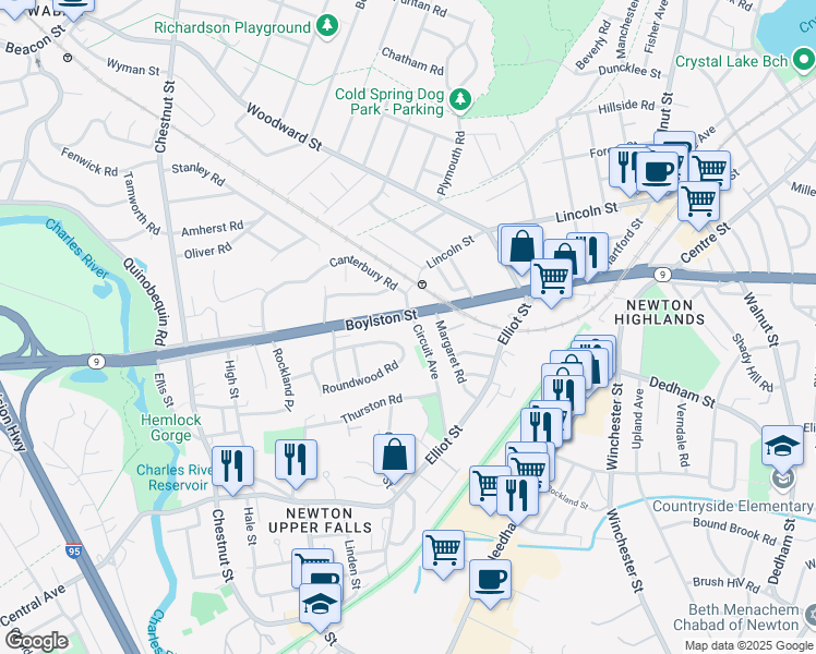 map of restaurants, bars, coffee shops, grocery stores, and more near 9 Circuit Avenue in Newton