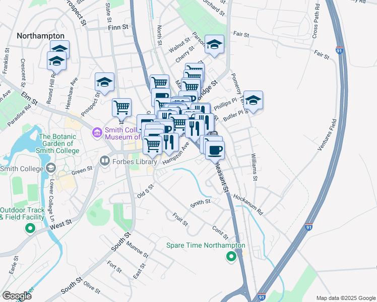 map of restaurants, bars, coffee shops, grocery stores, and more near 20 Hampton Avenue in Northampton
