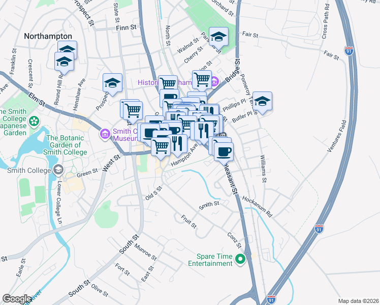 map of restaurants, bars, coffee shops, grocery stores, and more near 20 Hampton Avenue in Northampton