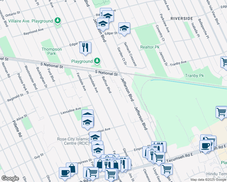 map of restaurants, bars, coffee shops, grocery stores, and more near 1692 Balfour Boulevard in Windsor