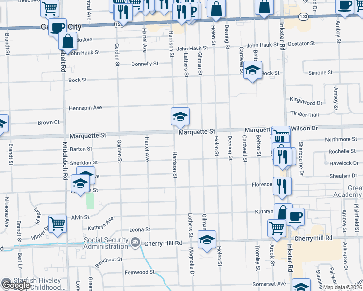 map of restaurants, bars, coffee shops, grocery stores, and more near 28351 Marquette Street in Garden City