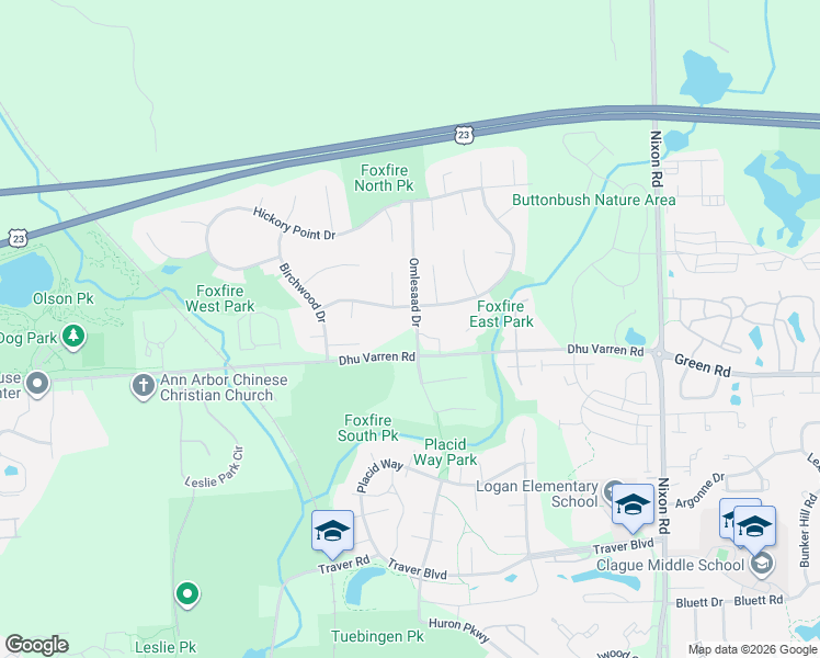 map of restaurants, bars, coffee shops, grocery stores, and more near 2390 Foxway Drive in Ann Arbor