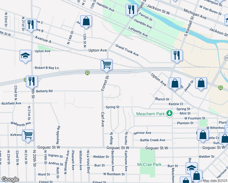 map of restaurants, bars, coffee shops, grocery stores, and more near 227 Freedom Lane in Battle Creek