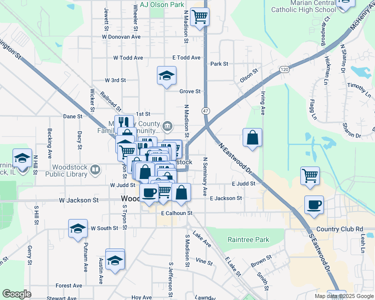 map of restaurants, bars, coffee shops, grocery stores, and more near 416 North Madison Street in Woodstock