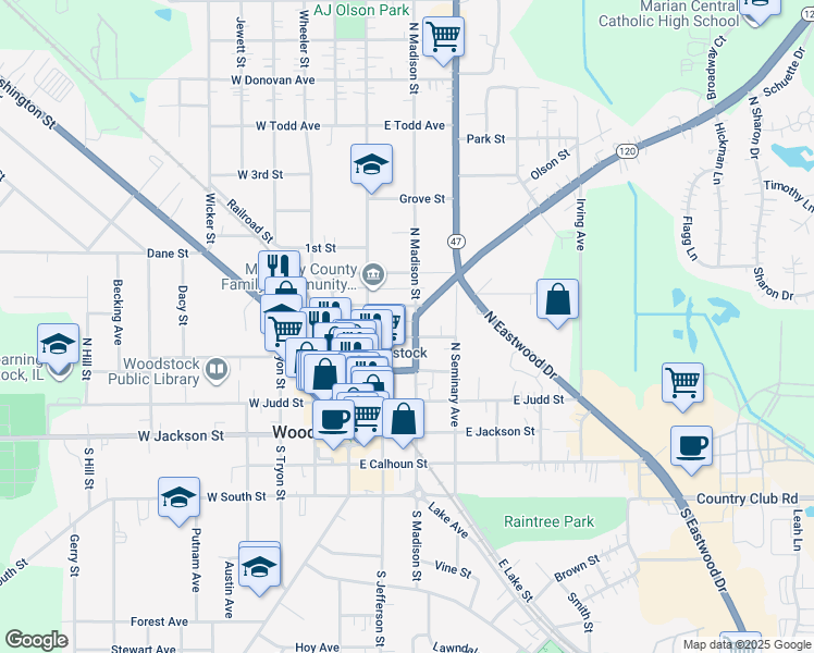 map of restaurants, bars, coffee shops, grocery stores, and more near 416 North Madison Street in Woodstock