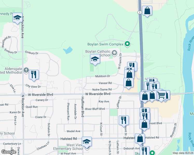 map of restaurants, bars, coffee shops, grocery stores, and more near 1608 Muldoon Drive in Rockford