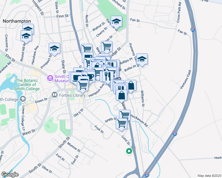 map of restaurants, bars, coffee shops, grocery stores, and more near 155 Pleasant Street in Northampton